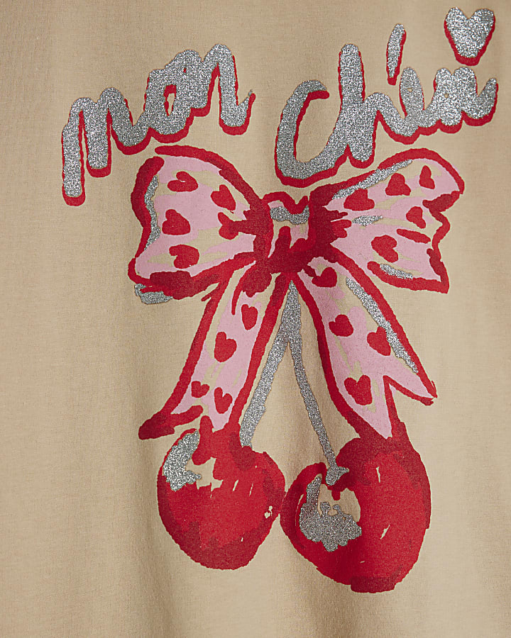 Girls Beige Glitter Cherry T-Shirt Set