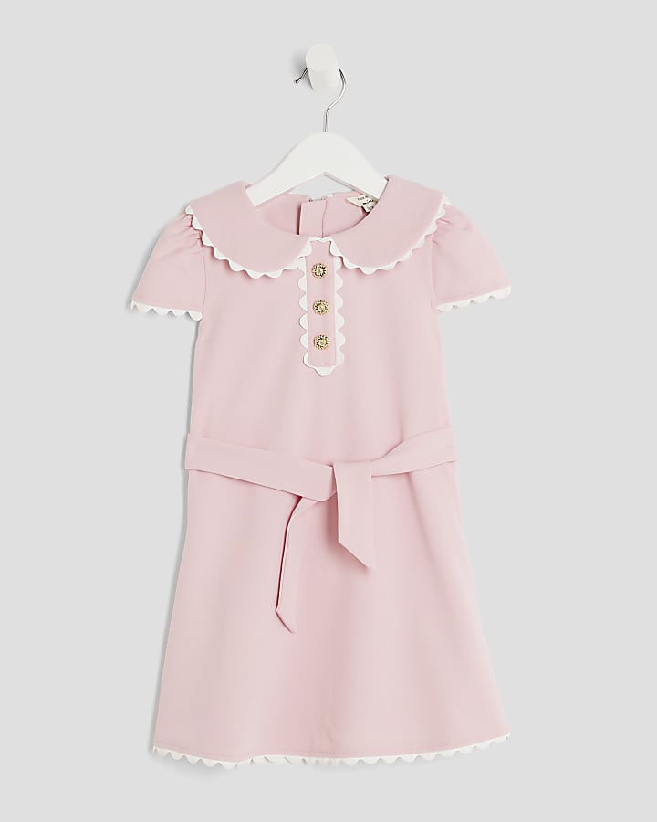Mini Girls Pink Collared Scuba Dress