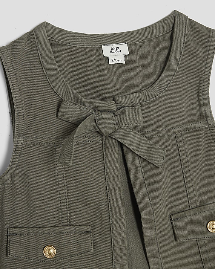 Girls Khaki Gilet Waistband And Skirt Set
