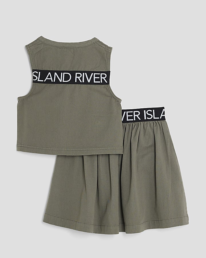 Girls Khaki Gilet Waistband And Skirt Set