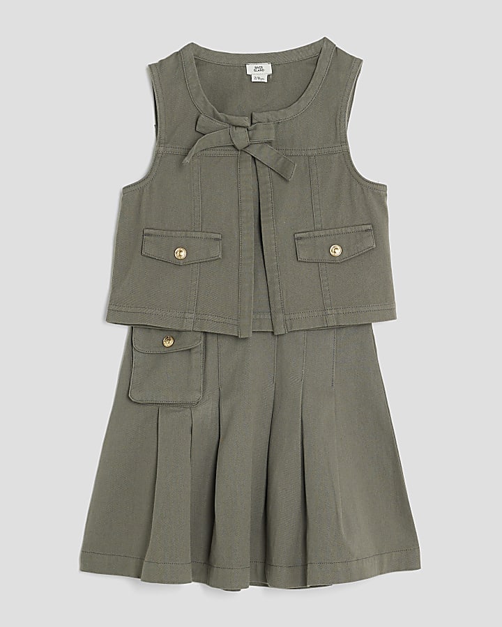 Girls Khaki Gilet Waistband And Skirt Set