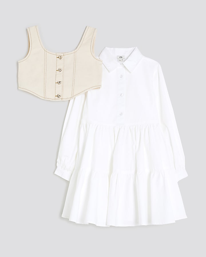 Girls White Waistcoat Shirt Dress