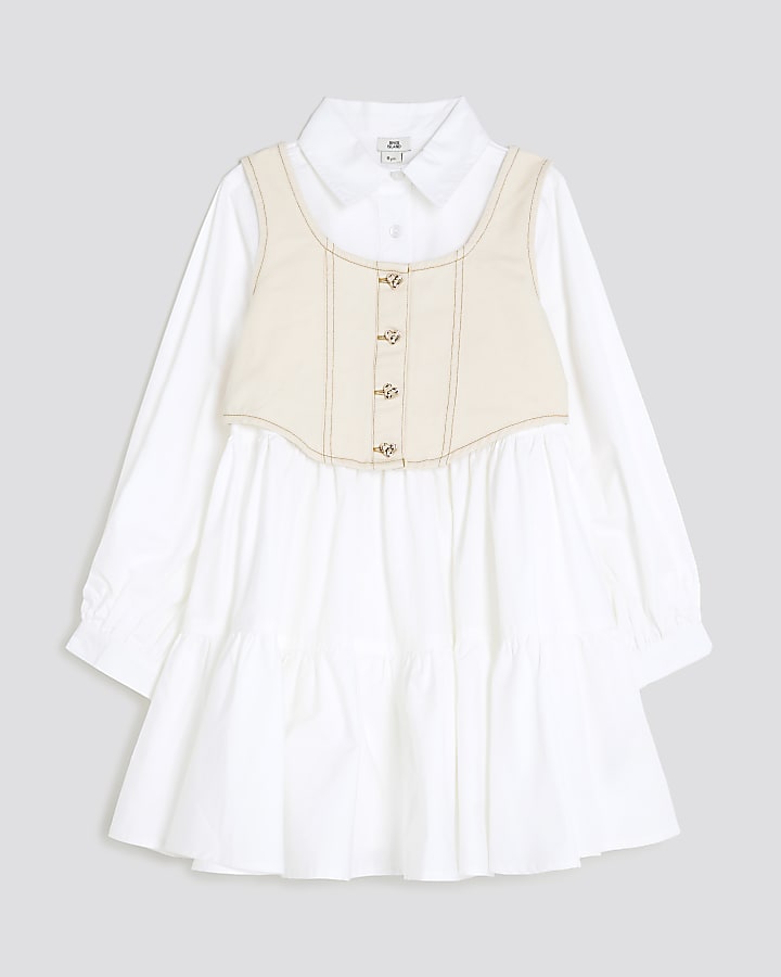 Girls White Waistcoat Shirt Dress