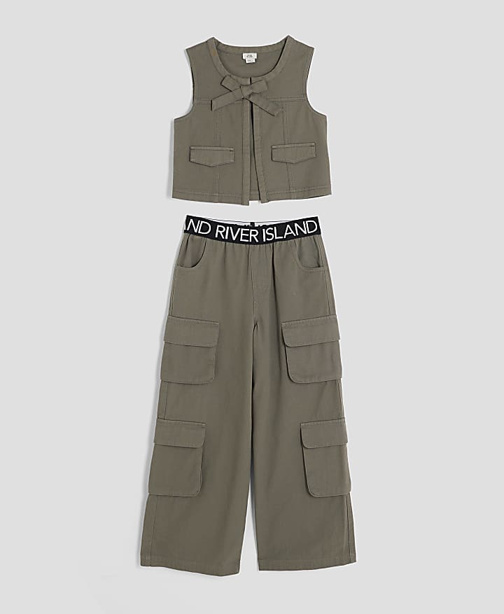 Girls Khaki RI Waistband Cargo Trousers Set