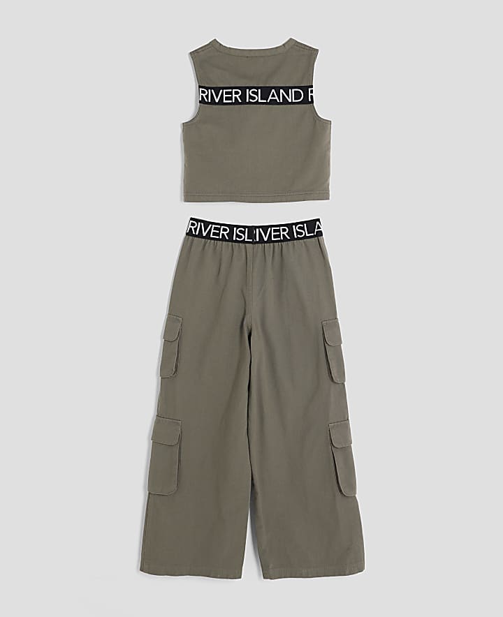 Girls Khaki RI Waistband Cargo Trousers Set