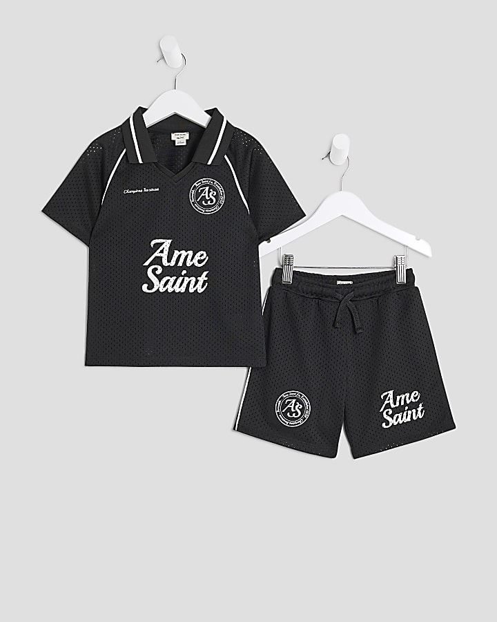 Mini Boys Black Football T-Shirt Set