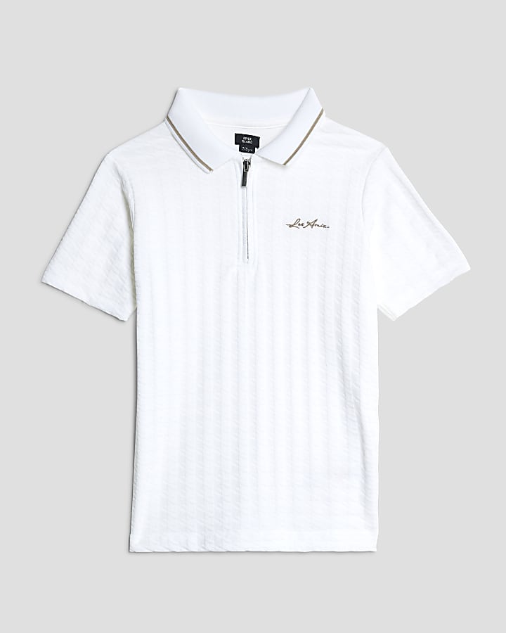 Boys White Dogtooth Texture Polo Shirt