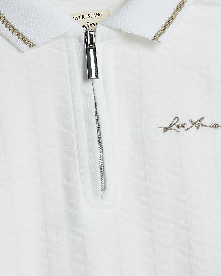Mini Boys White Dogtooth Texture Polo Shirt