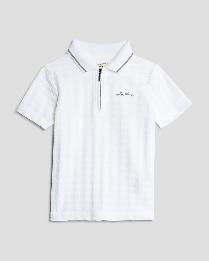 Mini Boys White Dogtooth Texture Polo Shirt