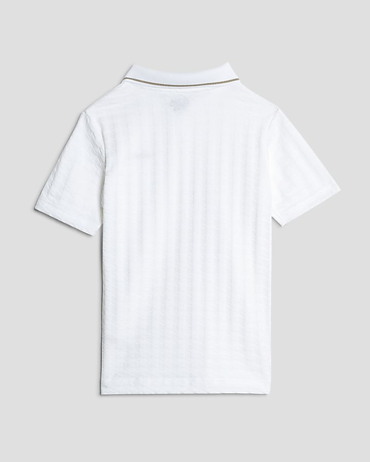Mini Boys White Dogtooth Texture Polo Shirt