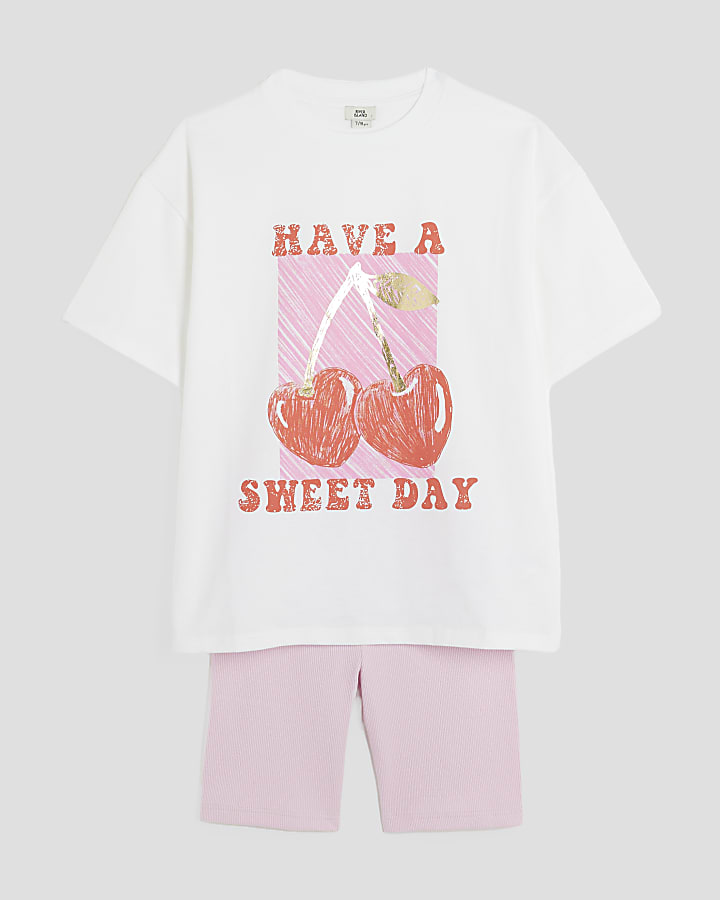 Girls White Cherry T-Shirt Set