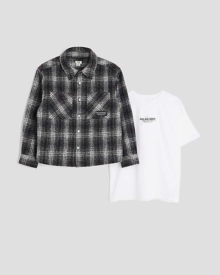 Boys Black Monochrome Check Shacket Set