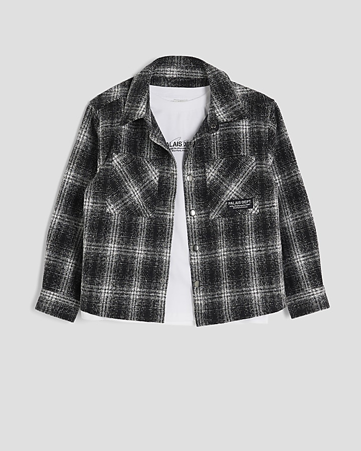 Boys Black Monochrome Check Shacket Set