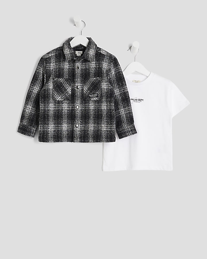 Mini Boys Black Monochrome Check Shacket Set