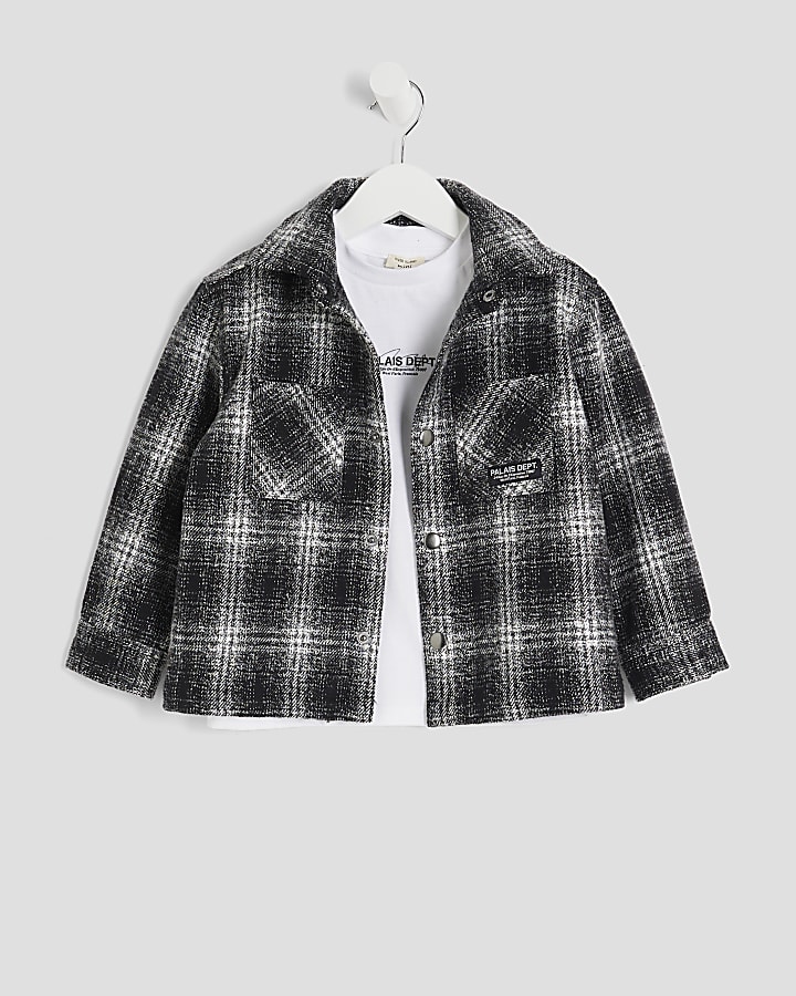 Mini Boys Black Monochrome Check Shacket Set