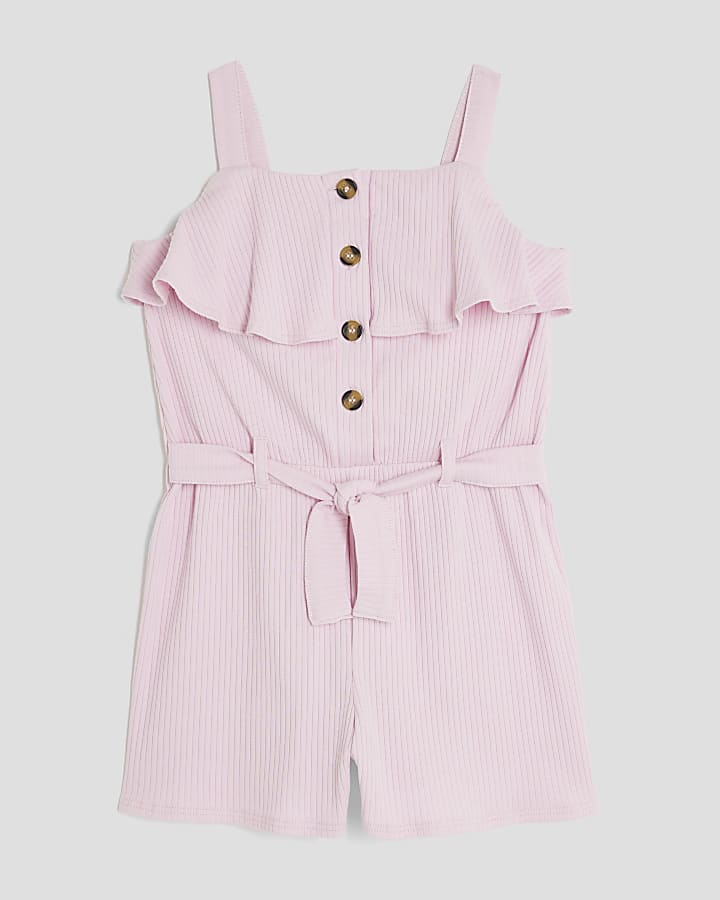 Girls Pink Ribbed Belted Playsuit