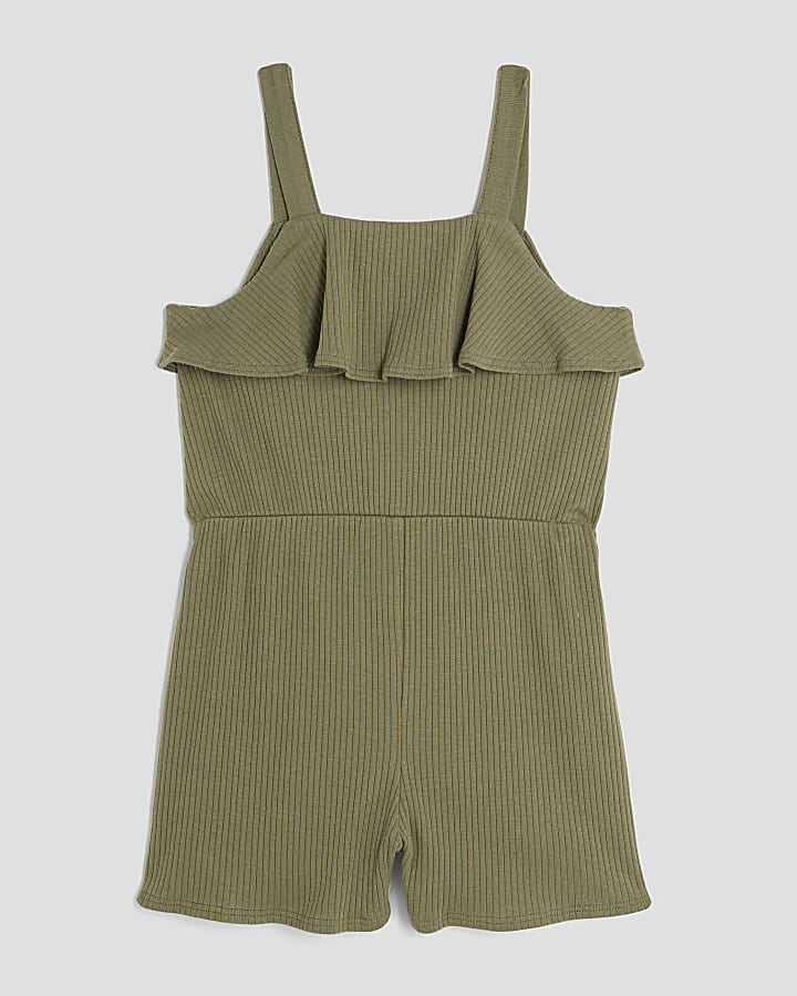 Girls Khaki Ribbed Belted Playsuit