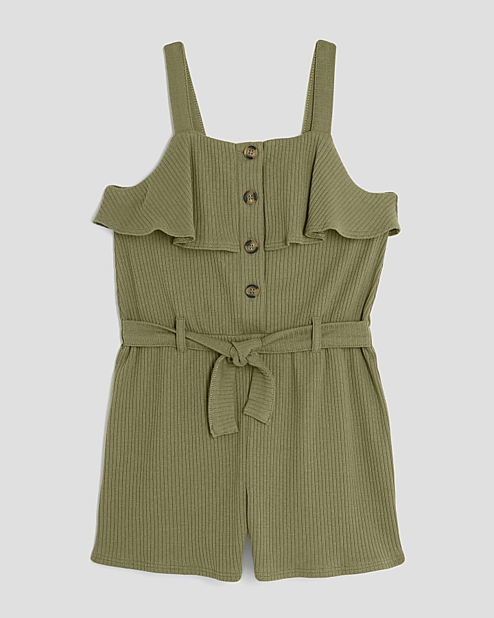 Girls Khaki Ribbed Belted Playsuit