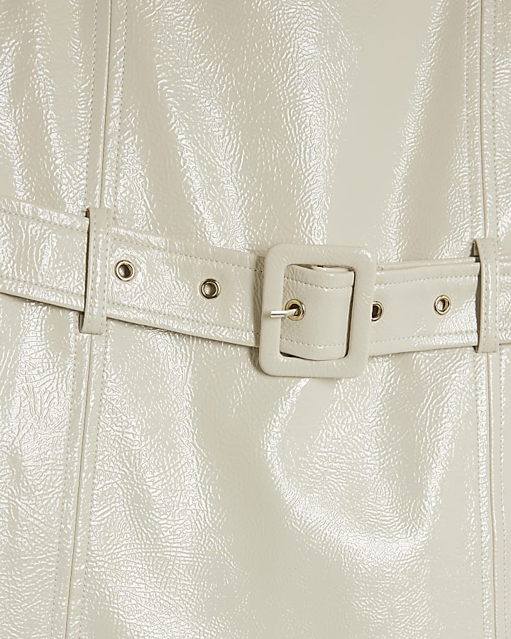 Girls Cream Faux Leather Belted Shift Dress