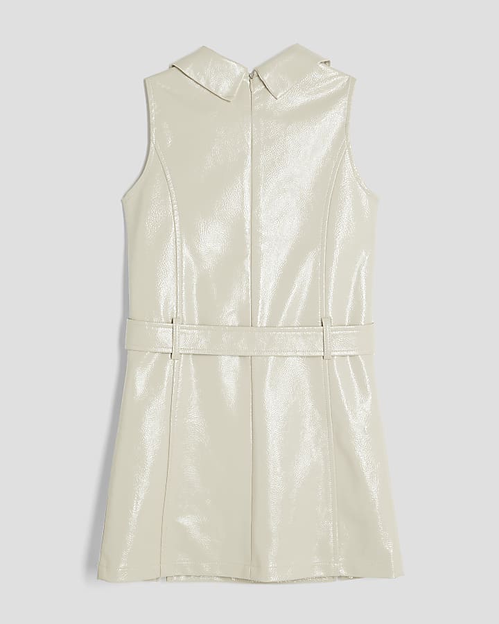 Girls Cream Faux Leather Belted Shift Dress