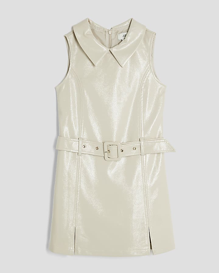 Girls Cream Faux Leather Belted Shift Dress