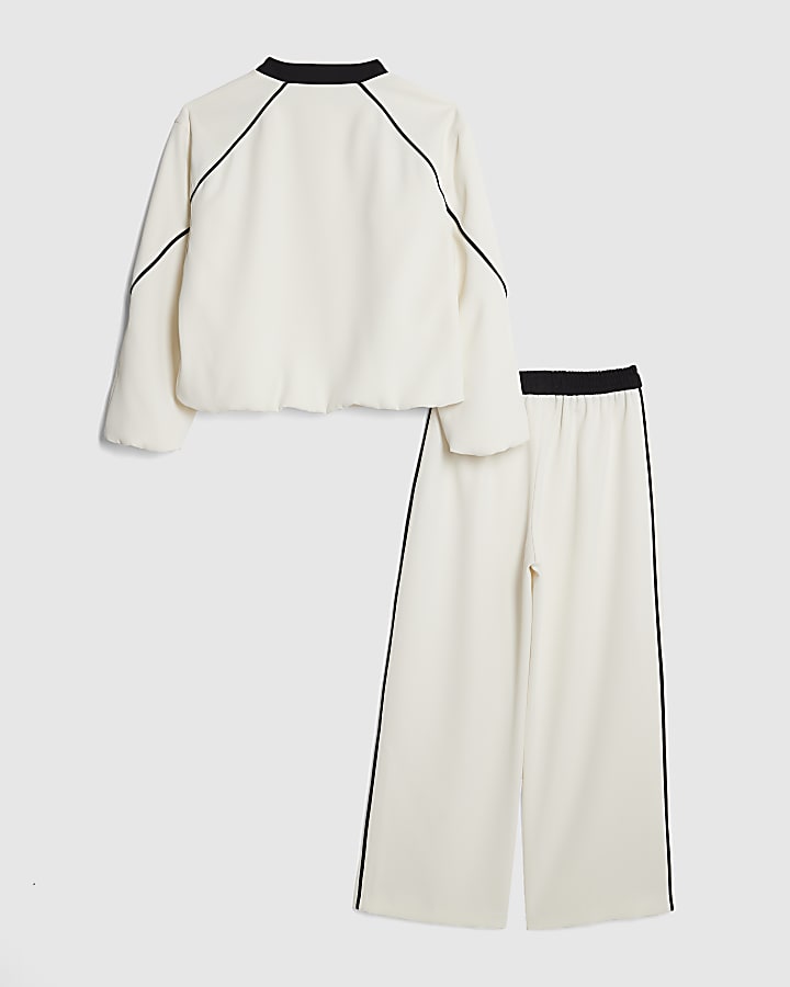 Girls Cream Bomber Jacket Trousers Set