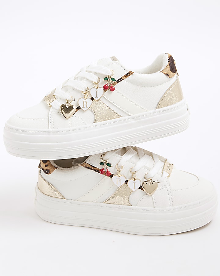 Girls White Leopard Charm Trainers