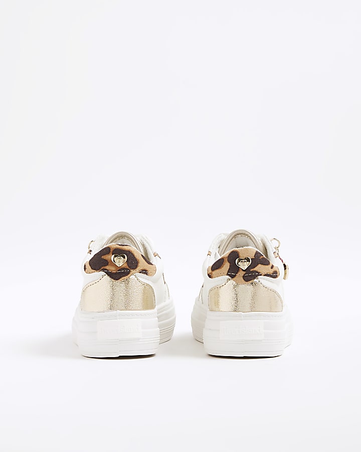 Girls White Leopard Charm Trainers