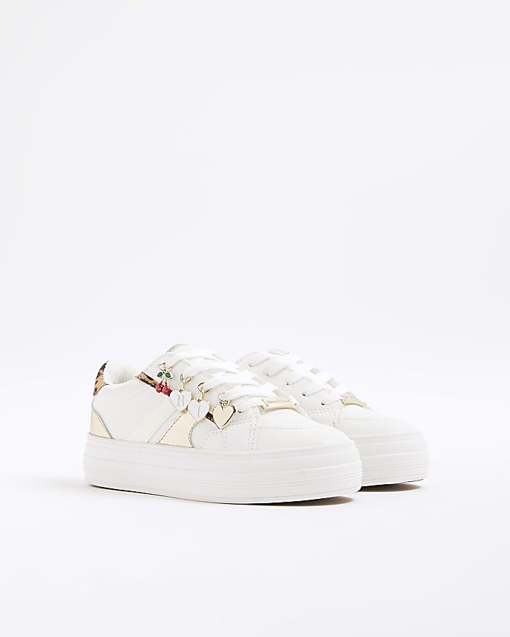 Girls White Leopard Charm Trainers