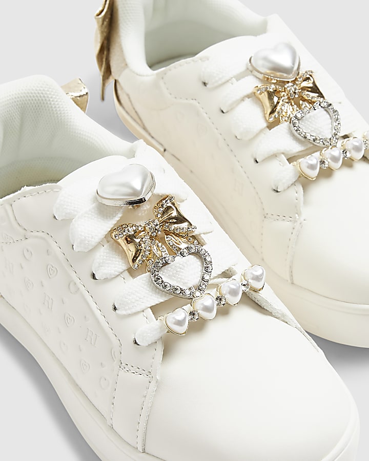 Girls White Bow Back Charm Trainers