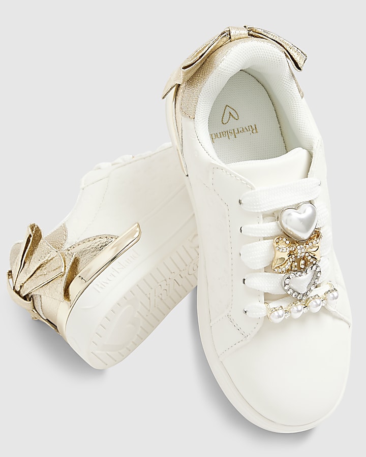 Girls White Bow Back Charm Trainers