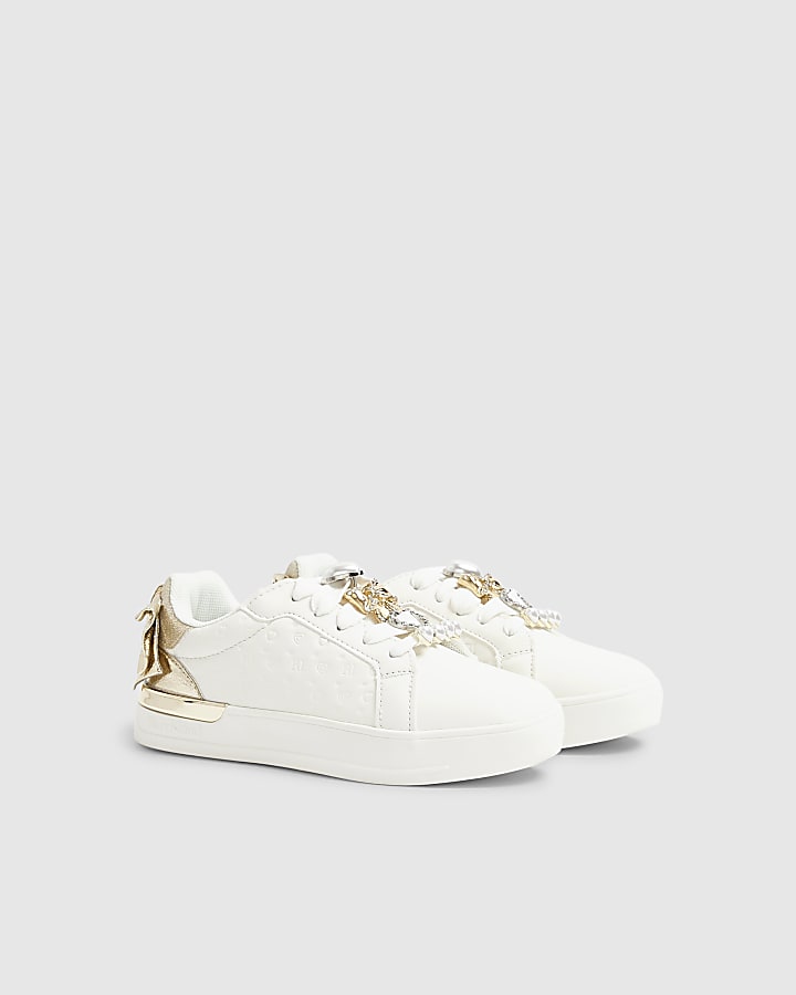 Girls White Bow Back Charm Trainers