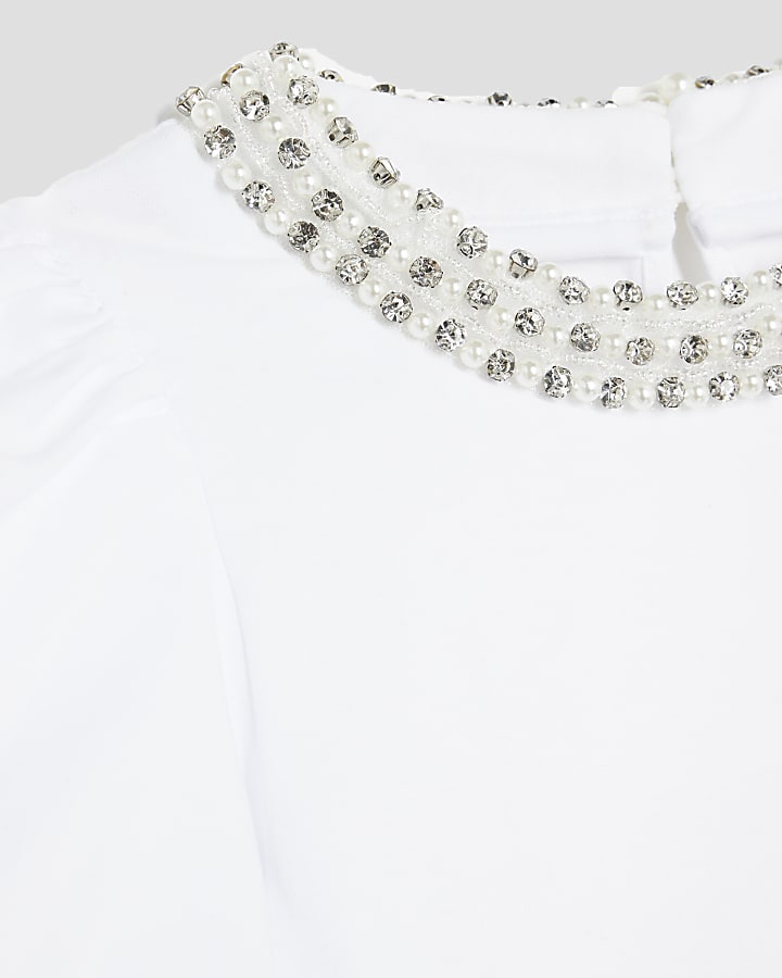 Girls White Embellished Collar Bodysuit
