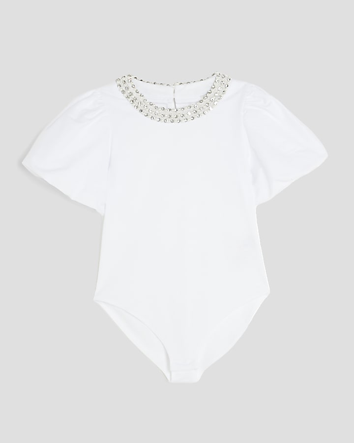 Girls White Embellished Collar Bodysuit