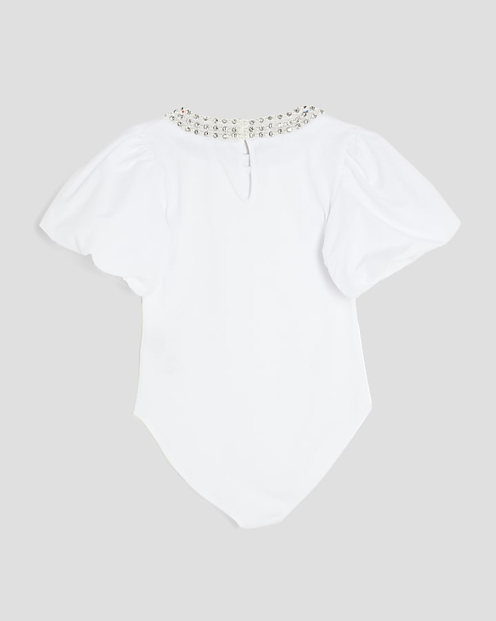 Girls White Embellished Collar Bodysuit