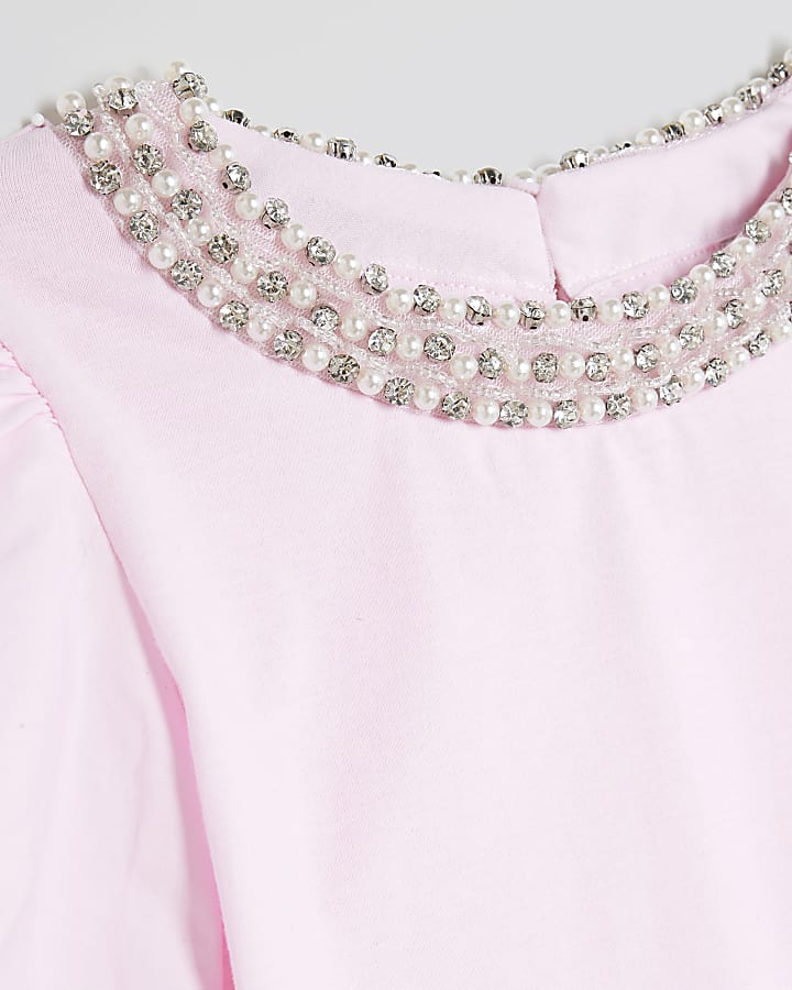 Girls Pink Embellished Collar Bodysuit