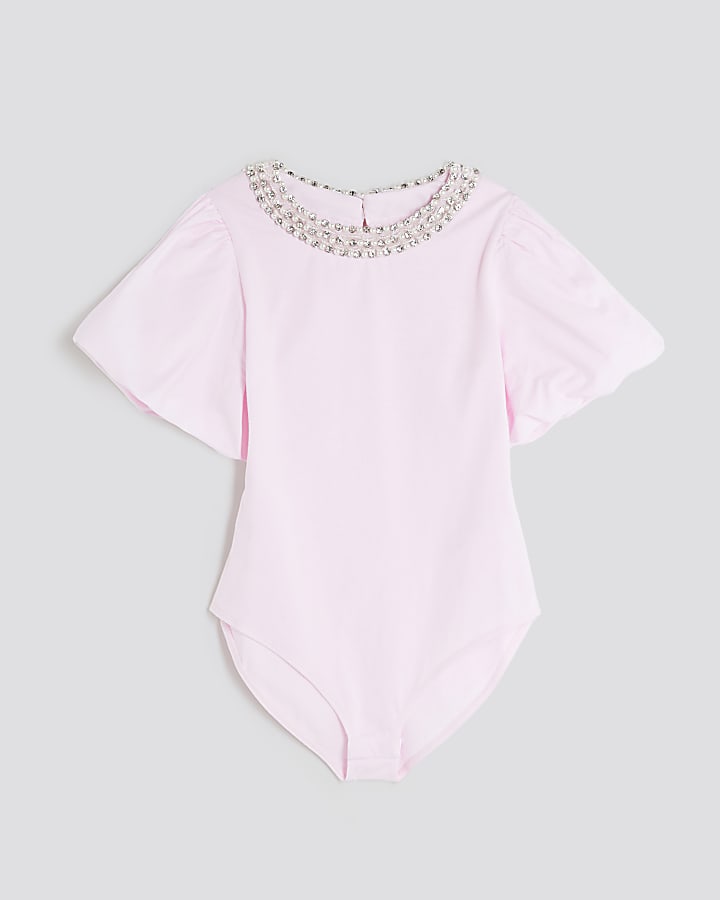 Girls Pink Embellished Collar Bodysuit