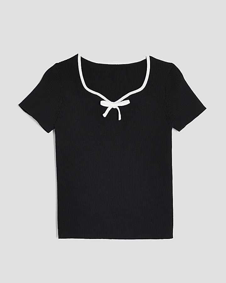 Girls Black Knit Sweetheart Bow Top