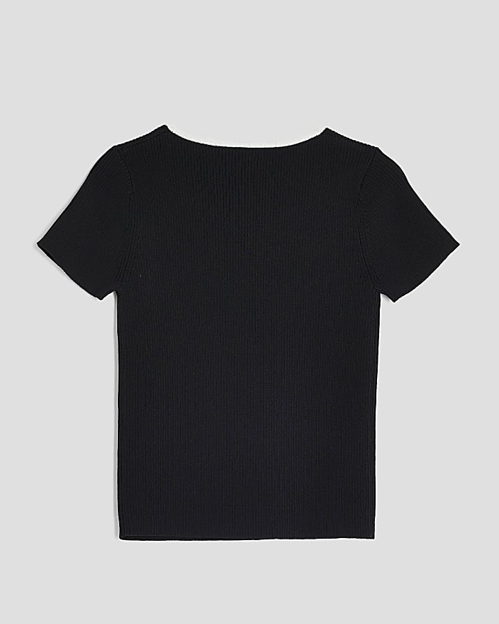 Girls Black Knit Sweetheart Bow Top