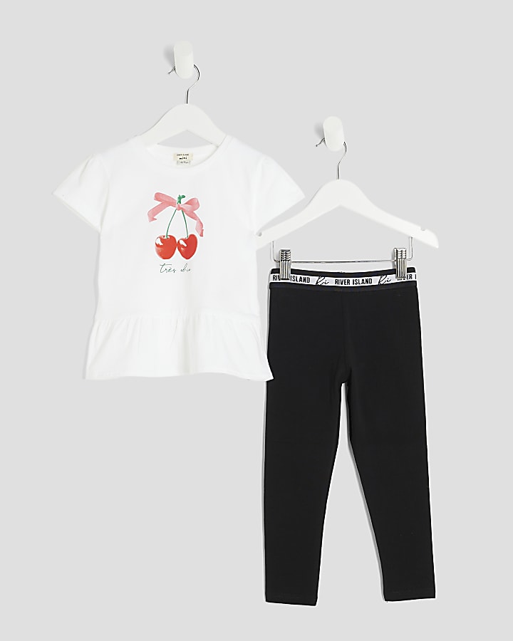 Mini Girls White Cherry Peplum T-Shirt Set