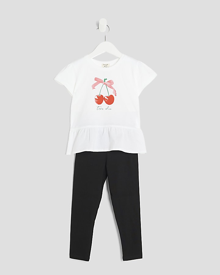 Mini Girls White Cherry Peplum T-Shirt Set
