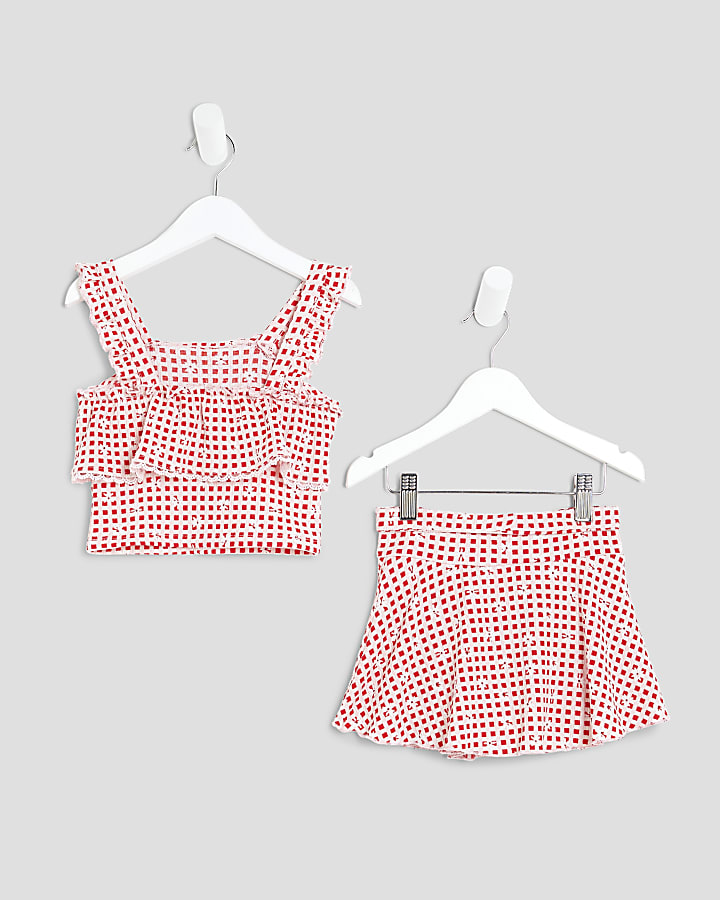 Mini Girls Red Gingham Bardot Skort Set