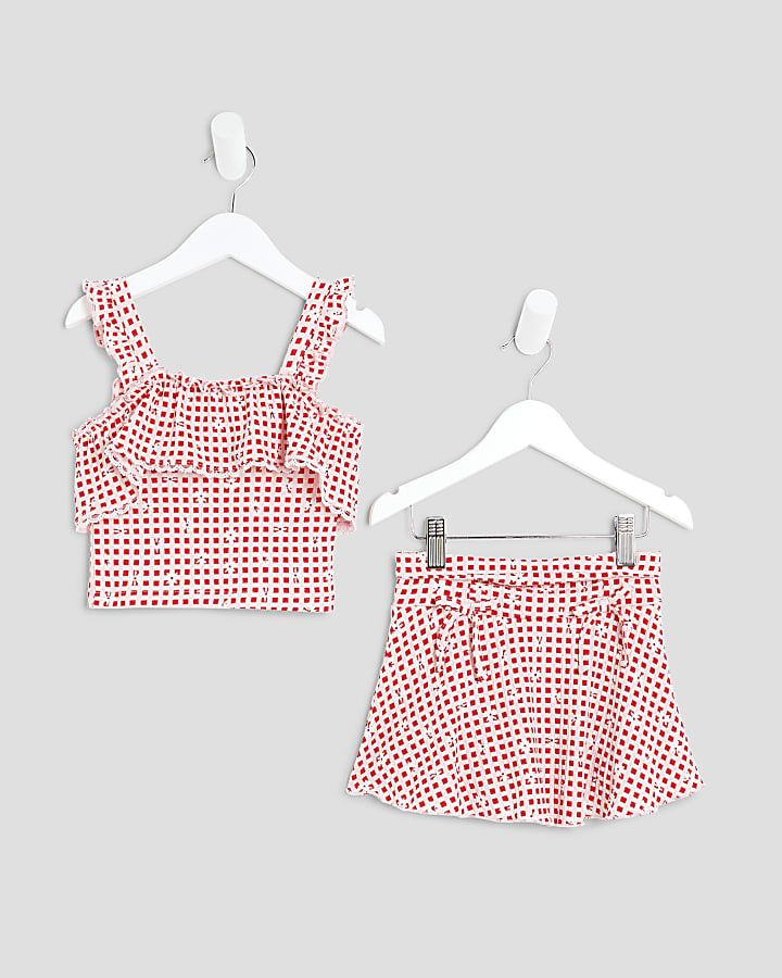 Mini Girls Red Gingham Bardot Skort Set