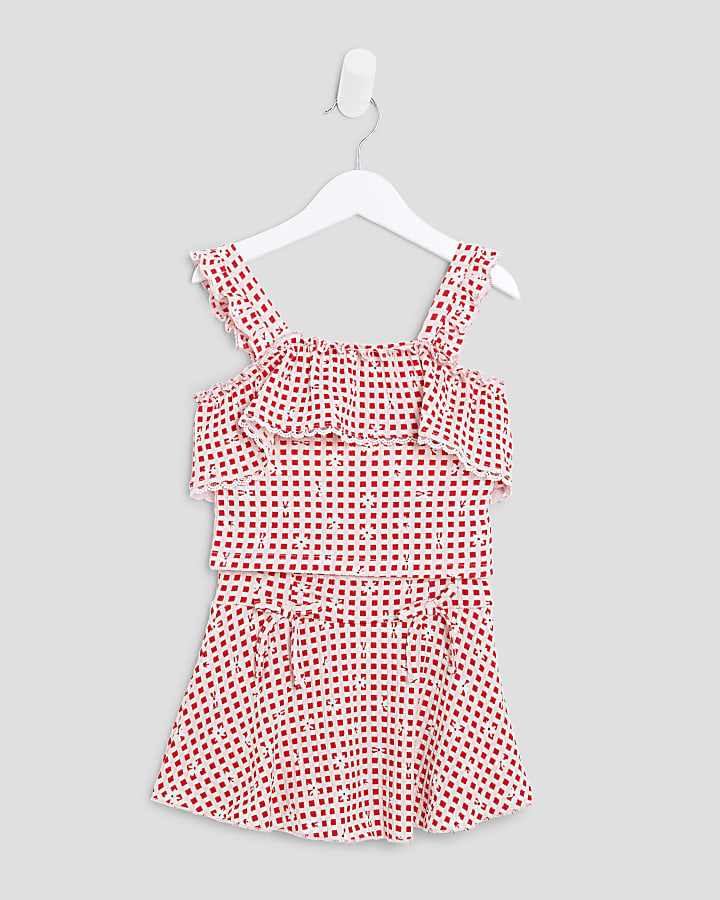 Mini Girls Red Gingham Bardot Skort Set