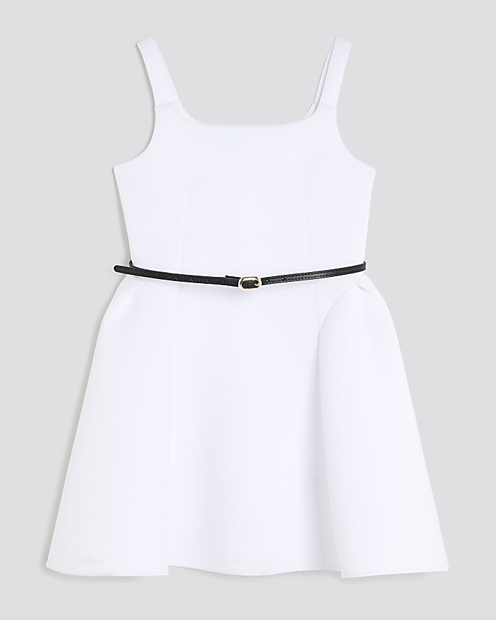 Girls White Belted Scuba Dress