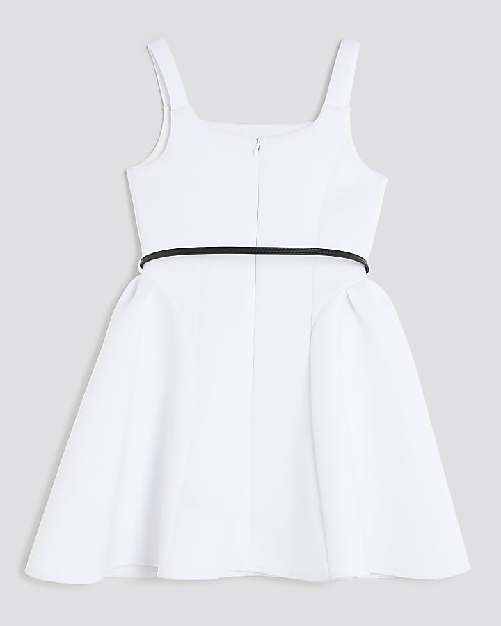 Girls White Belted Scuba Dress