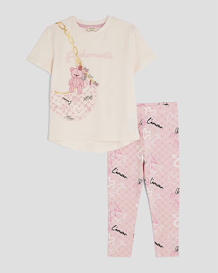 Mini Girls Pink Bear RI Monogram T-shirt Set