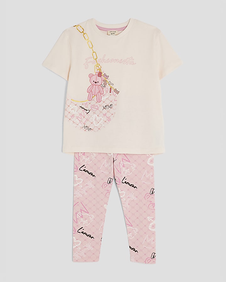 Mini Girls Pink Bear RI Monogram T-shirt Set