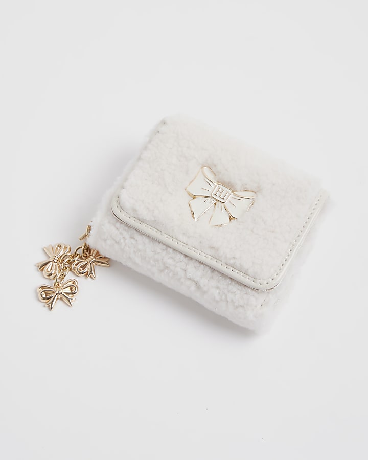 Girls Cream Borg Bow Purse