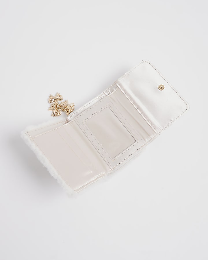 Girls Cream Borg Bow Purse